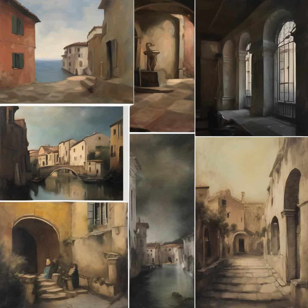 Γραφικό τοπίο με παραδοσιακά κτίρια και κανάλι στην Ιταλία, υδατογραφία της Τέχνης του Δρόμου και Συγχρόνοι Καλλιτέχνες, αποπνέει ιστορική και πολιτισμική ατμόσφαιρα.