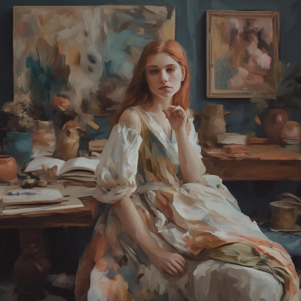 Ζωντανό έργο τέχνης με νεαρή γυναίκα σε ακαδημαϊκό χώρο, εμπνευσμένη από το δρόμο και σύγχρονους καλλιτέχνες, σε ζωγραφική style, με έμφαση στη σύγχρονη τέχνη και street art.