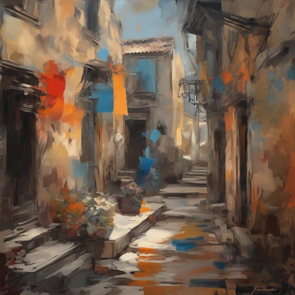 Γραμμένο δρόμος με street art και σύγχρονους καλλιτέχνες, αστικό τοπίο, πολιτιστική τέχνη, ζωγραφική σε τοίχους, καλλιτεχνικό φορτίο, urban art, graffiti, τέχνη του δρόμου, εικόνα από σύγχρονους καλλιτέχνες.