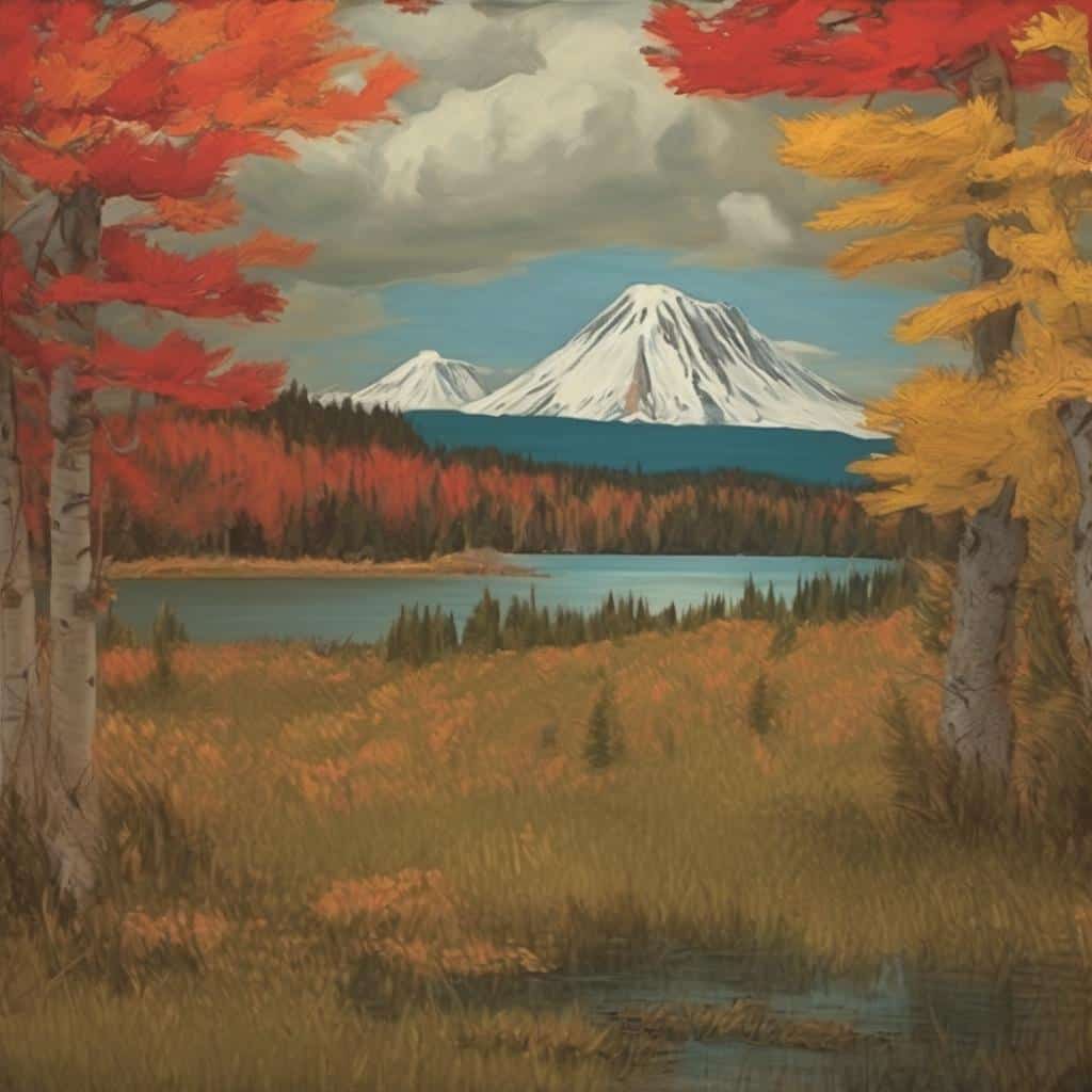 Ζωγραφιά τέχνης του δρόμου με φόντο το ηφαίστειο Όλυμπος και τοπίο με ελάφια και χρωματιστά δέντρα, σύγχρονη τέχνη και καλλιτέχνες, street art, τοπία φύσης, ορεινοί όγκοι, ιδιαίτερο έργο τέχνης.